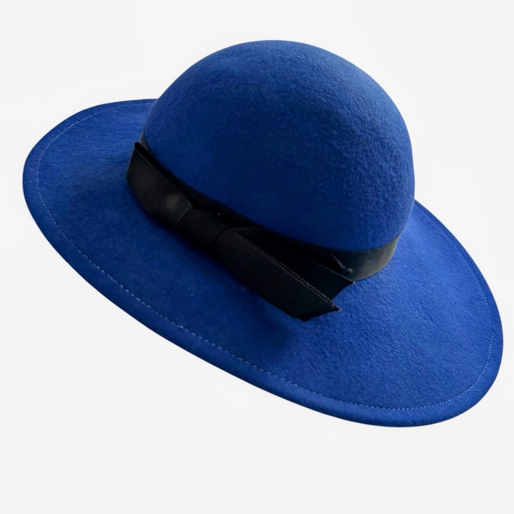 wool Vintage Style Wide Brim Hat Royal Blue Black  Bow Child Size Lancaster USA